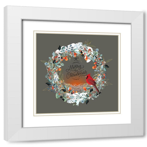 Merry Christmas Happy New Year Wreath White Modern Wood Framed Art Print with Double Matting by Mitchell, Tina