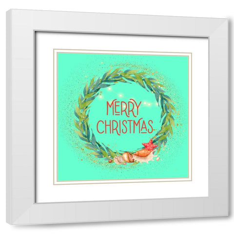 Merry Christmas Seaweed Wreath White Modern Wood Framed Art Print with Double Matting by Mitchell, Tina