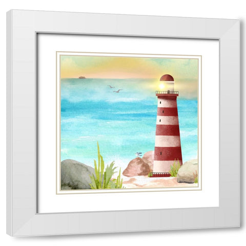 Lighthouse Red Stripe White Modern Wood Framed Art Print with Double Matting by Mitchell, Tina