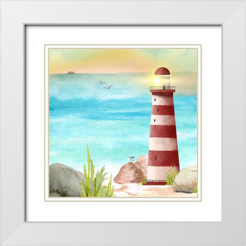 Lighthouse Red Stripe White Modern Wood Framed Art Print with Double Matting by Mitchell, Tina