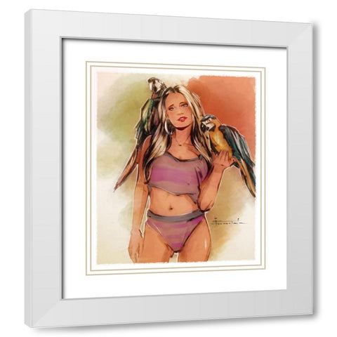 38 Parrot Girl White Modern Wood Framed Art Print with Double Matting by TMBorenstein