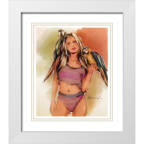 38 Parrot Girl White Modern Wood Framed Art Print with Double Matting by TMBorenstein
