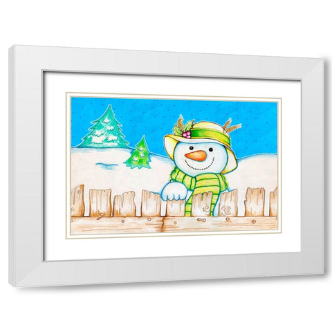 Snowman Fence White Modern Wood Framed Art Print with Double Matting by Wade, Valarie