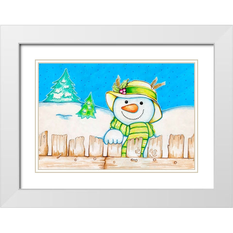 Snowman Fence White Modern Wood Framed Art Print with Double Matting by Wade, Valarie