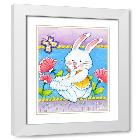 Bunny and Flowers White Modern Wood Framed Art Print with Double Matting by Wade, Valarie
