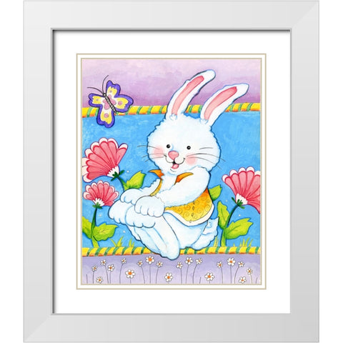 Bunny and Flowers White Modern Wood Framed Art Print with Double Matting by Wade, Valarie