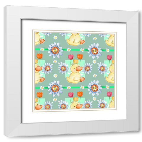 Duckie And Blue Flower White Modern Wood Framed Art Print with Double Matting by Wade, Valarie