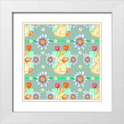 Duckie And Blue Flower White Modern Wood Framed Art Print with Double Matting by Wade, Valarie