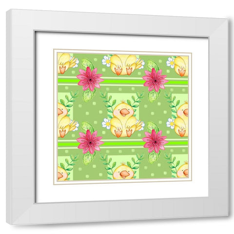 Duckie And Pink Flower White Modern Wood Framed Art Print with Double Matting by Wade, Valarie