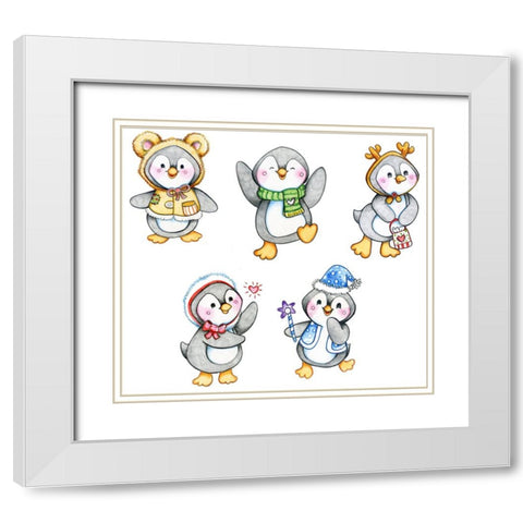 Peguin Friends White Modern Wood Framed Art Print with Double Matting by Wade, Valarie