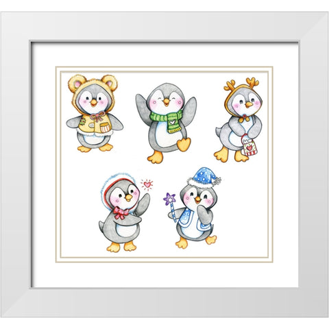 Peguin Friends White Modern Wood Framed Art Print with Double Matting by Wade, Valarie