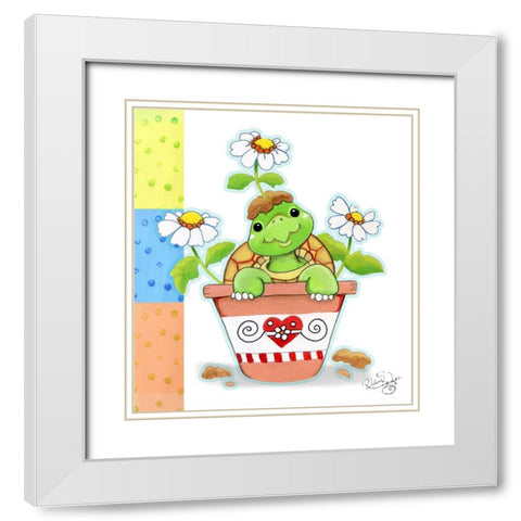 Flower Pot Turtle White Modern Wood Framed Art Print with Double Matting by Wade, Valarie