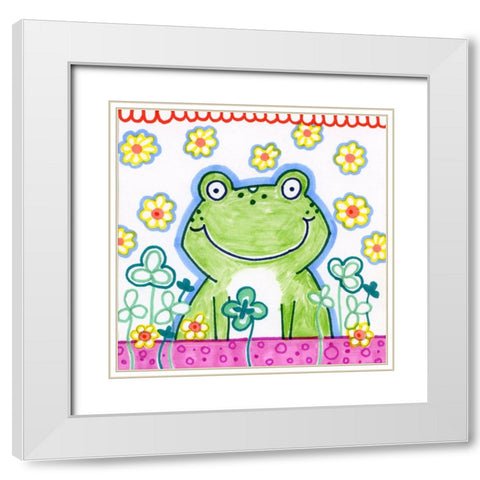 Frog In Clover White Modern Wood Framed Art Print with Double Matting by Wade, Valarie
