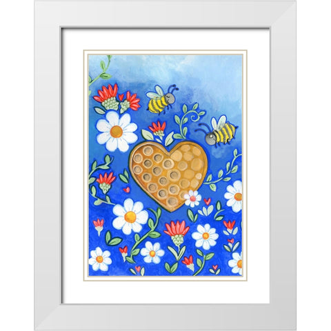 Happy Bees White Modern Wood Framed Art Print with Double Matting by Wade, Valarie