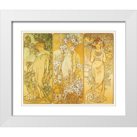 Mucha Iris Lily Rose White Modern Wood Framed Art Print with Double Matting by Vintage Apple Collection