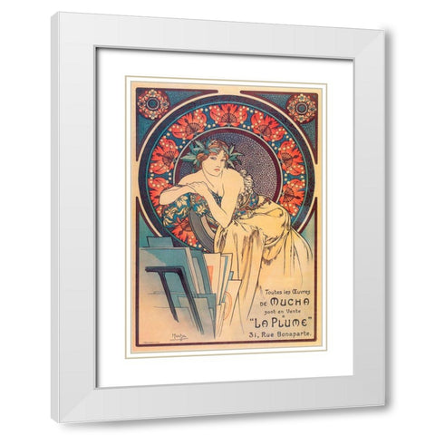 Mucha La Plume White Modern Wood Framed Art Print with Double Matting by Vintage Apple Collection