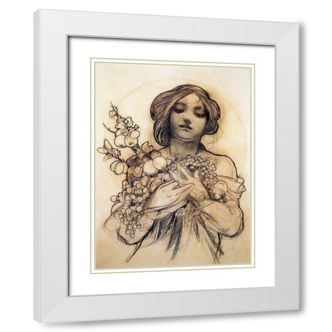 Mucha Study of Woman with Fruit White Modern Wood Framed Art Print with Double Matting by Vintage Apple Collection
