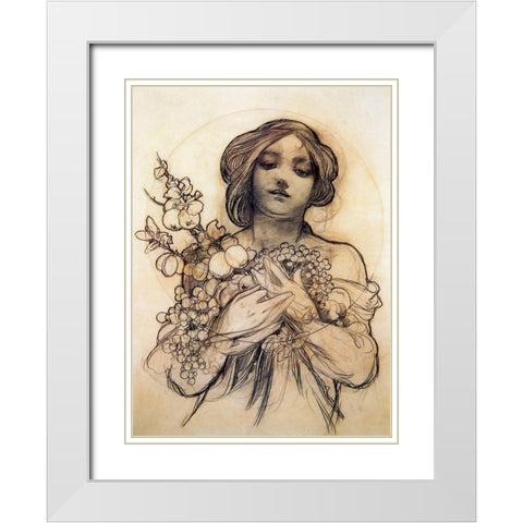Mucha Study of Woman with Fruit White Modern Wood Framed Art Print with Double Matting by Vintage Apple Collection