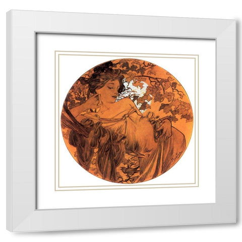 Mucha Autumn Medallion White Modern Wood Framed Art Print with Double Matting by Vintage Apple Collection