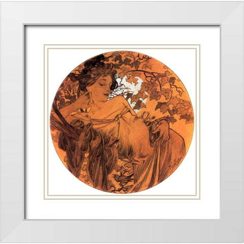 Mucha Autumn Medallion White Modern Wood Framed Art Print with Double Matting by Vintage Apple Collection