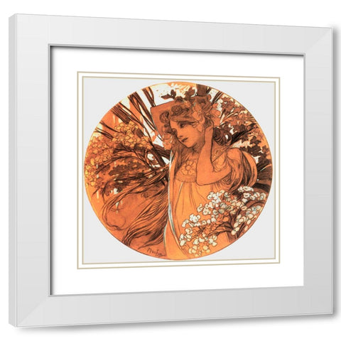 Mucha Spring Medallion White Modern Wood Framed Art Print with Double Matting by Vintage Apple Collection