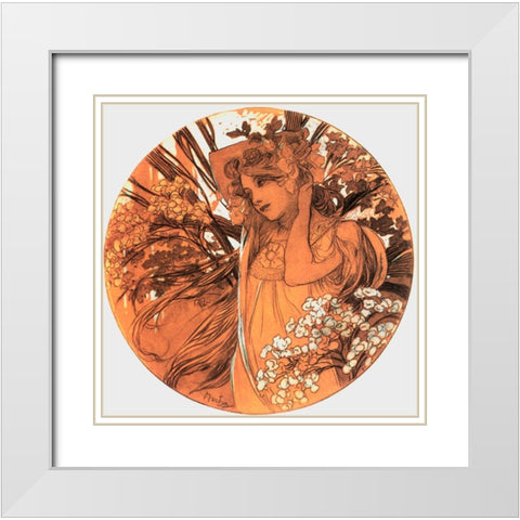 Mucha Spring Medallion White Modern Wood Framed Art Print with Double Matting by Vintage Apple Collection