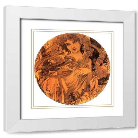Mucha Summer Medallion White Modern Wood Framed Art Print with Double Matting by Vintage Apple Collection