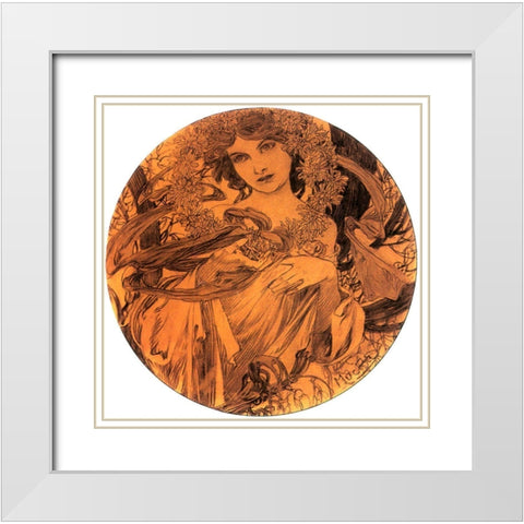 Mucha Summer Medallion White Modern Wood Framed Art Print with Double Matting by Vintage Apple Collection