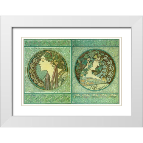Mucha Green Medallions White Modern Wood Framed Art Print with Double Matting by Vintage Apple Collection