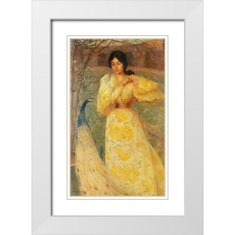 Peacock Woman  White Modern Wood Framed Art Print with Double Matting by Vintage Apple Collection