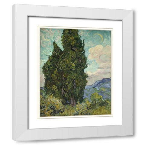 Van Gogh-Cypresses White Modern Wood Framed Art Print with Double Matting by Vintage Apple Collection
