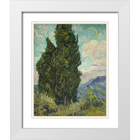 Van Gogh-Cypresses White Modern Wood Framed Art Print with Double Matting by Vintage Apple Collection