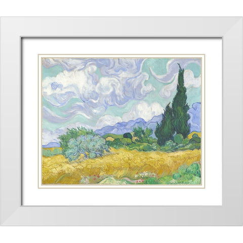 Van Gogh-Wheatfield with Cypress White Modern Wood Framed Art Print with Double Matting by Vintage Apple Collection