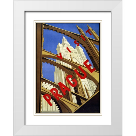 Trav Visit Prague White Modern Wood Framed Art Print with Double Matting by Vintage Apple Collection
