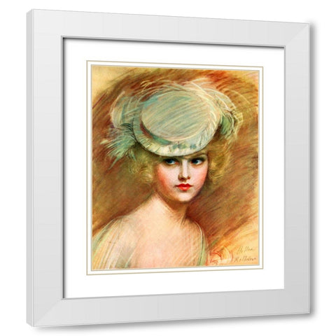 Lady In Green Hat White Modern Wood Framed Art Print with Double Matting by Vintage Apple Collection