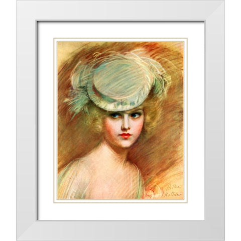 Lady In Green Hat White Modern Wood Framed Art Print with Double Matting by Vintage Apple Collection