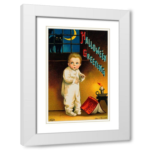 Halloween Greetings Little Boy.tif White Modern Wood Framed Art Print with Double Matting by Vintage Apple Collection