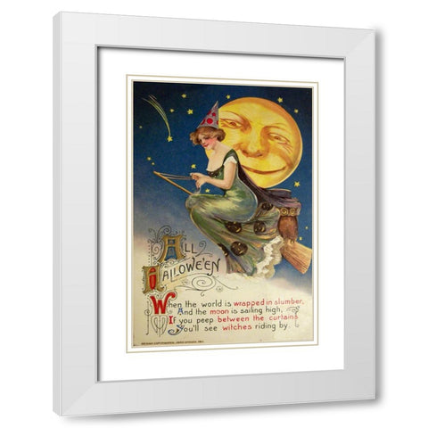 Halloween Witch Greendress Moon.tif White Modern Wood Framed Art Print with Double Matting by Vintage Apple Collection
