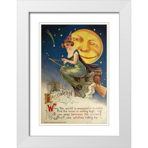 Halloween Witch Greendress Moon.tif White Modern Wood Framed Art Print with Double Matting by Vintage Apple Collection