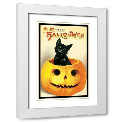 Merry Halloween White Modern Wood Framed Art Print with Double Matting by Vintage Apple Collection