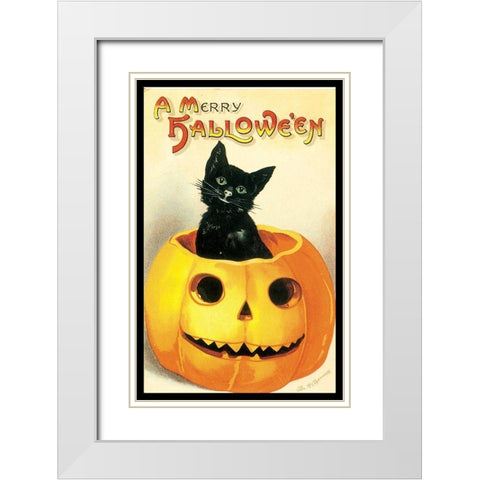 Merry Halloween White Modern Wood Framed Art Print with Double Matting by Vintage Apple Collection