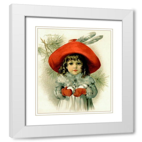 Xmas Girl With Snowballs White Modern Wood Framed Art Print with Double Matting by Vintage Apple Collection