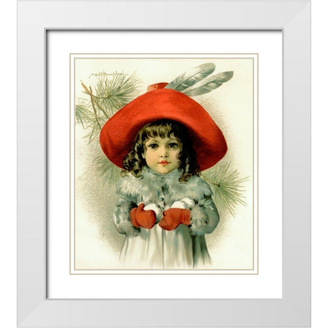 Xmas Girl With Snowballs White Modern Wood Framed Art Print with Double Matting by Vintage Apple Collection