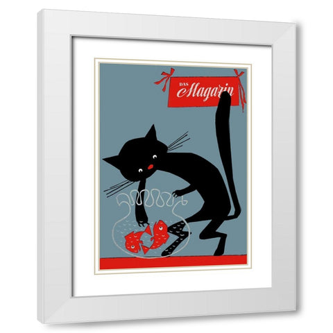 Black Cat And Fish Bowl White Modern Wood Framed Art Print with Double Matting by Vintage Apple Collection