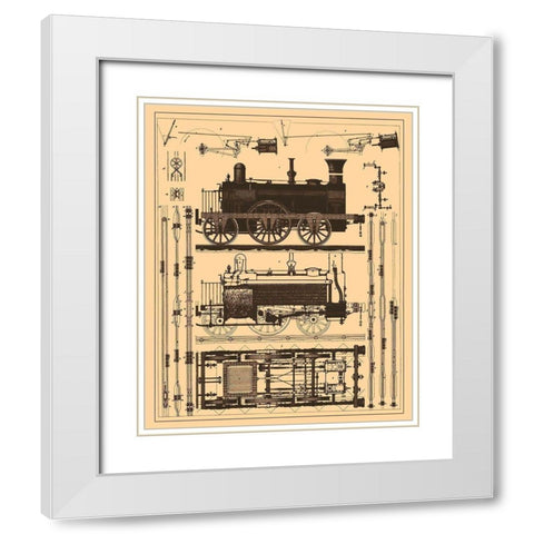 Locomotive Blueprint White Modern Wood Framed Art Print with Double Matting by Vintage Apple Collection