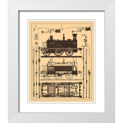 Locomotive Blueprint White Modern Wood Framed Art Print with Double Matting by Vintage Apple Collection