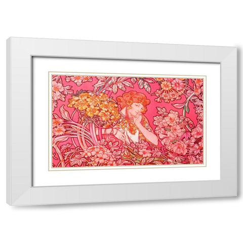 Mucha Woman Among Flowers Arch Vers White Modern Wood Framed Art Print with Double Matting by Vintage Apple Collection
