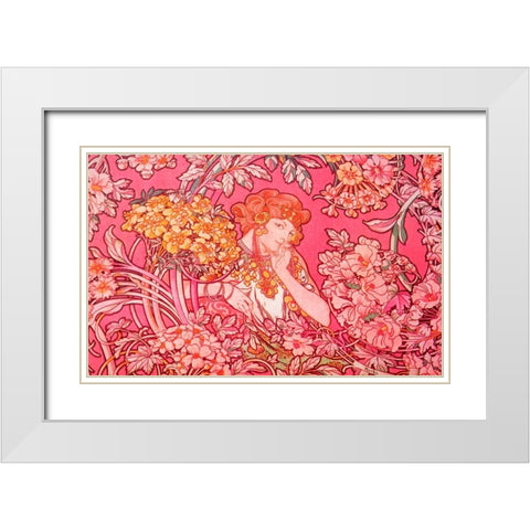 Mucha Woman Among Flowers Arch Vers White Modern Wood Framed Art Print with Double Matting by Vintage Apple Collection