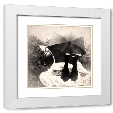 Parasol Girl White Modern Wood Framed Art Print with Double Matting by Vintage Apple Collection