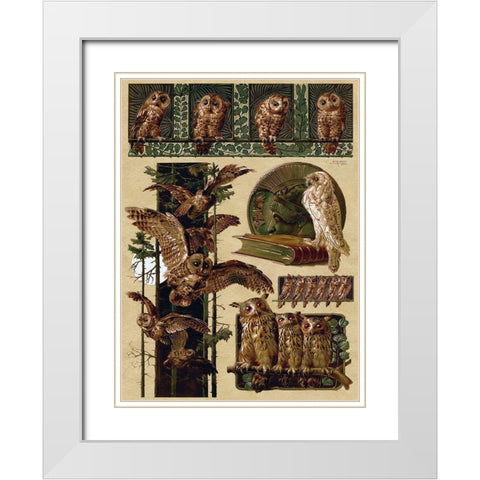 Owls White Modern Wood Framed Art Print with Double Matting by Vintage Apple Collection